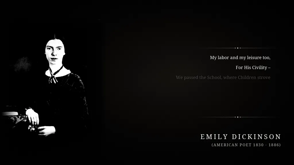 A frame from a narrated Emily Dickinson poem video: a portrait of the poet on the left, and on the right the current lines of the poem, with the next line fading in