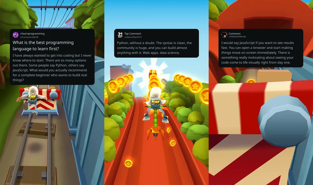 Three frames from a vertical Reddit story video, with the text card placed in the upper middle of the frame